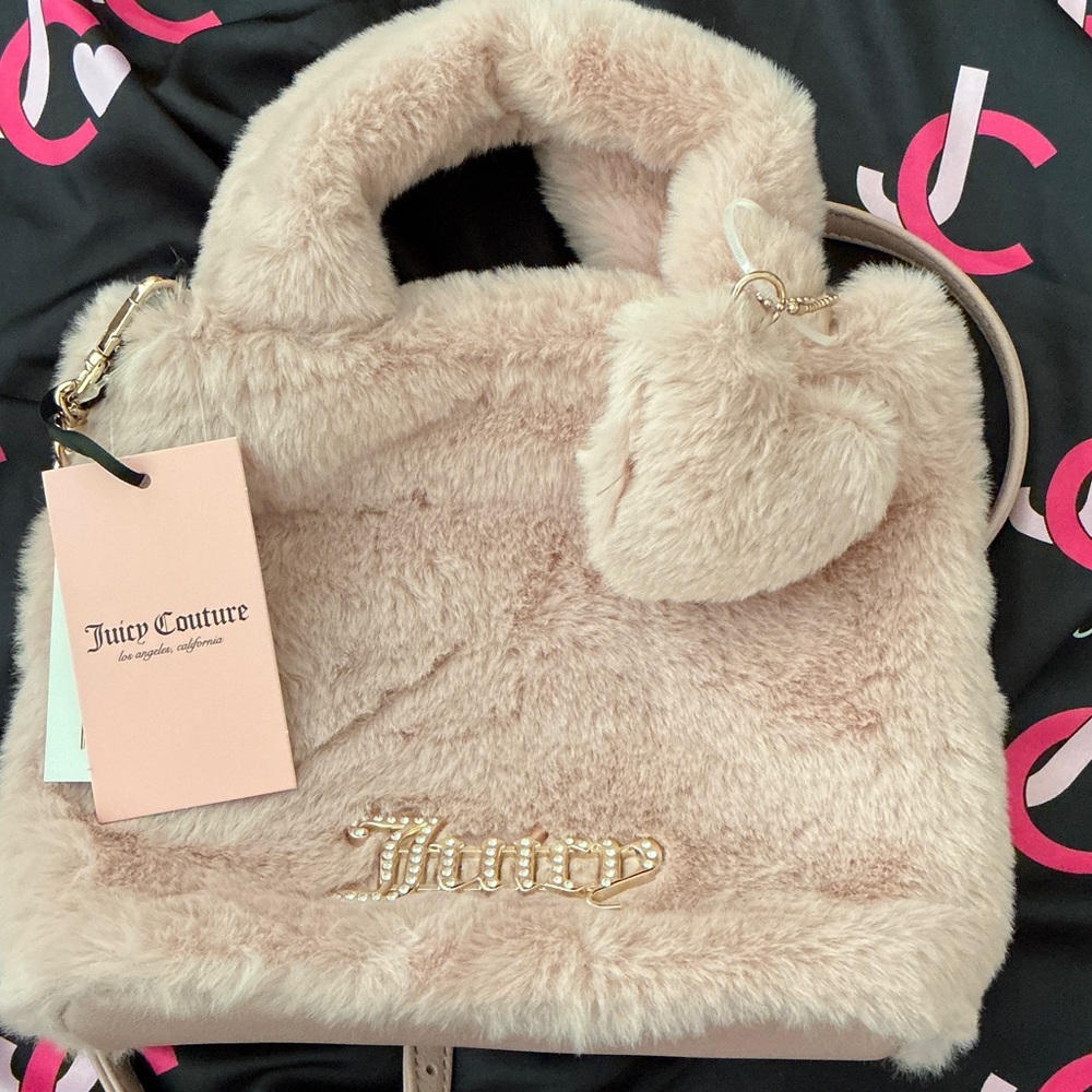 Juicy Couture Blush Faux Fur Shoulder Bag with mini heart charm removable strap